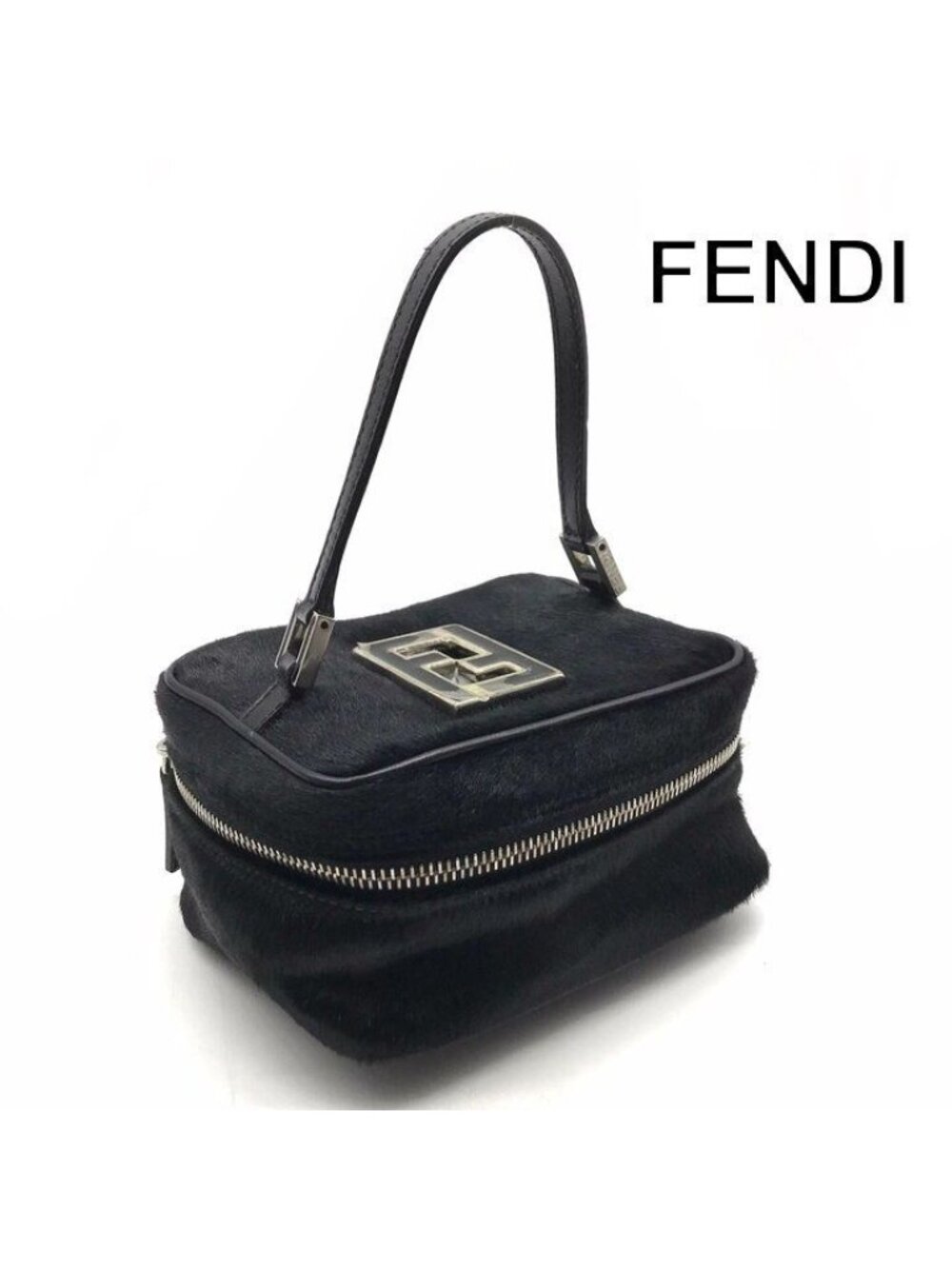 Fendi Calf Hair Mini Vanity Hand Black FF Logo Makeup Pouch
